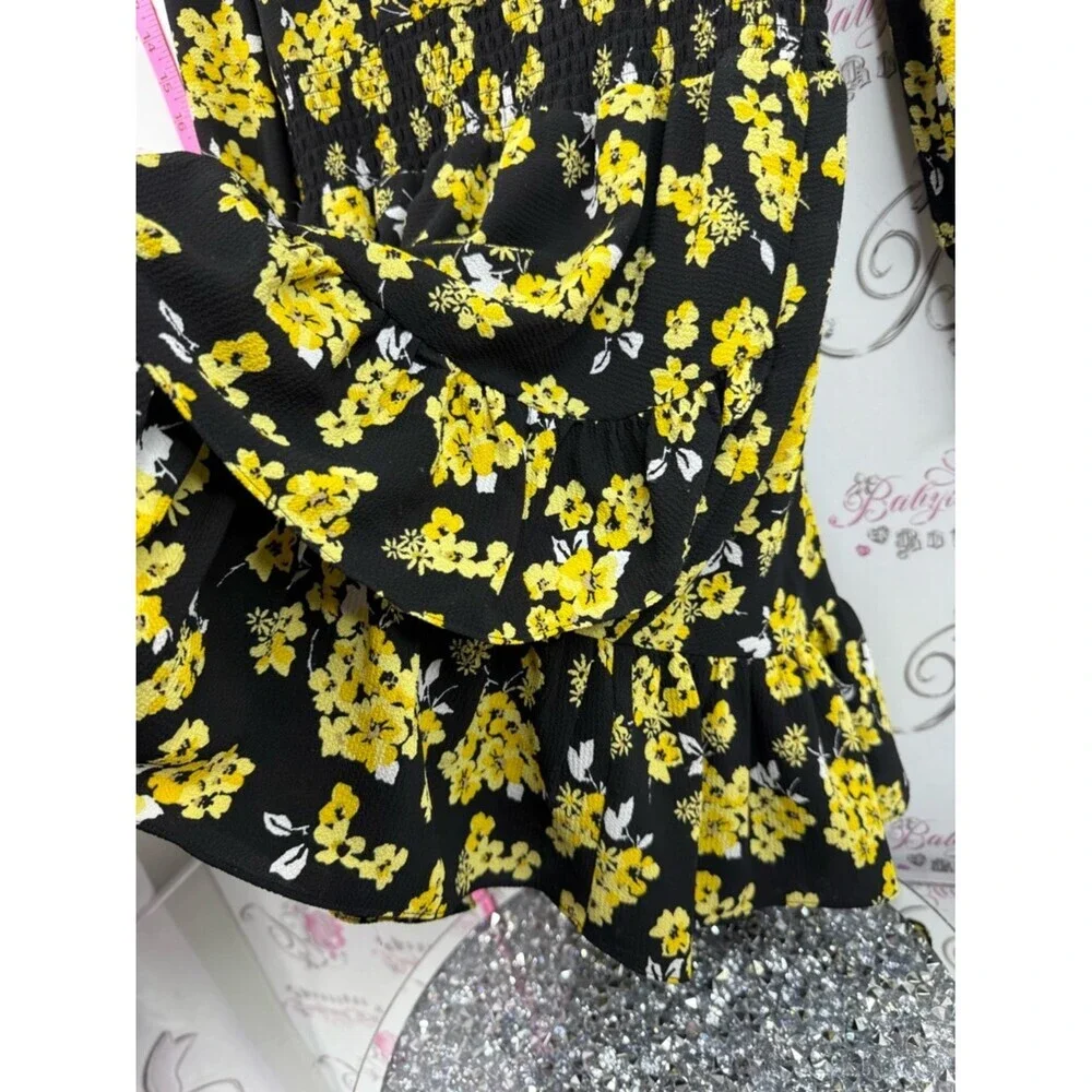 Michael Kors dress flowers V neck flowy Black Dress with Yellow Floral Print